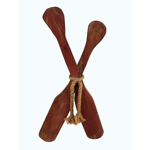 Decorative Rustic Wooden Oar Paddle Set With Rope Accent Red & Natural Wood Fini - Picture 1 of 10